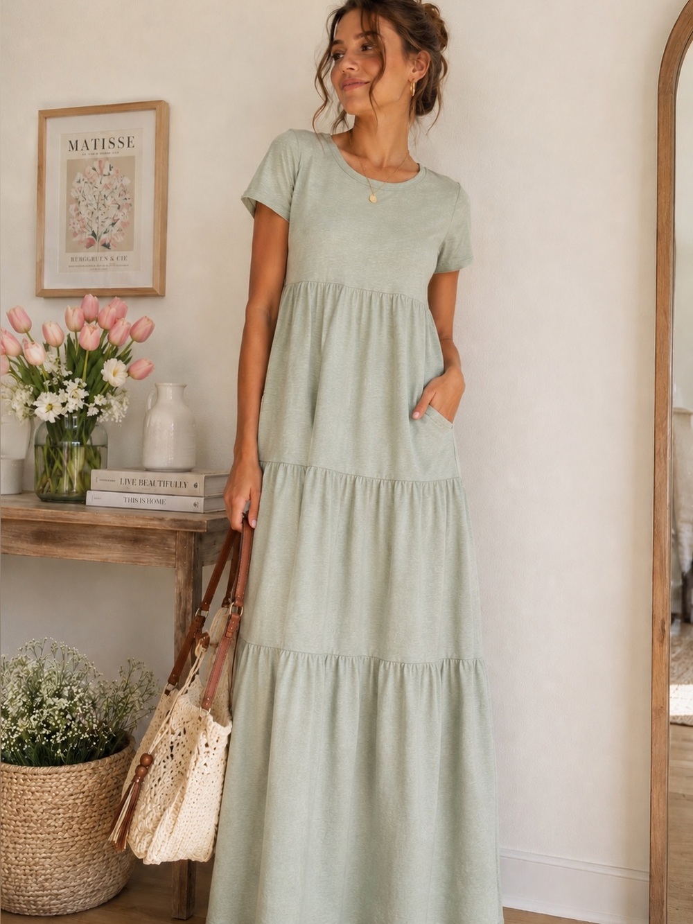 RD Style Sage Green Tiered Dress